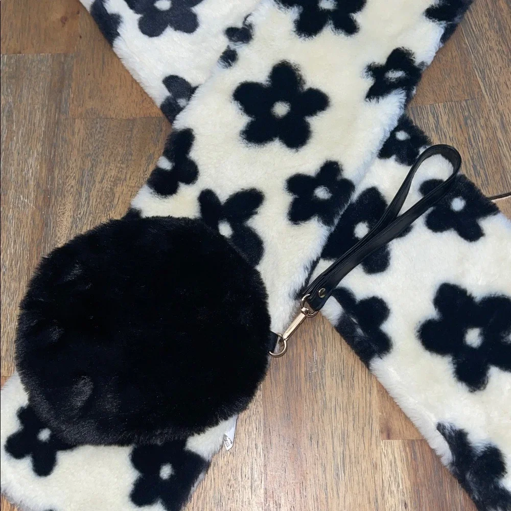 Windsor Floral‎ Faux Fur Scarf and Pom Pom Wristlet Set Cream Black Neutral